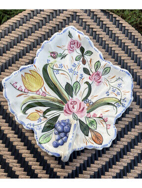 Blue Ridge Hand Painted Leaf-Shaped Floral Ceramic Plate, 10 in Multicolor